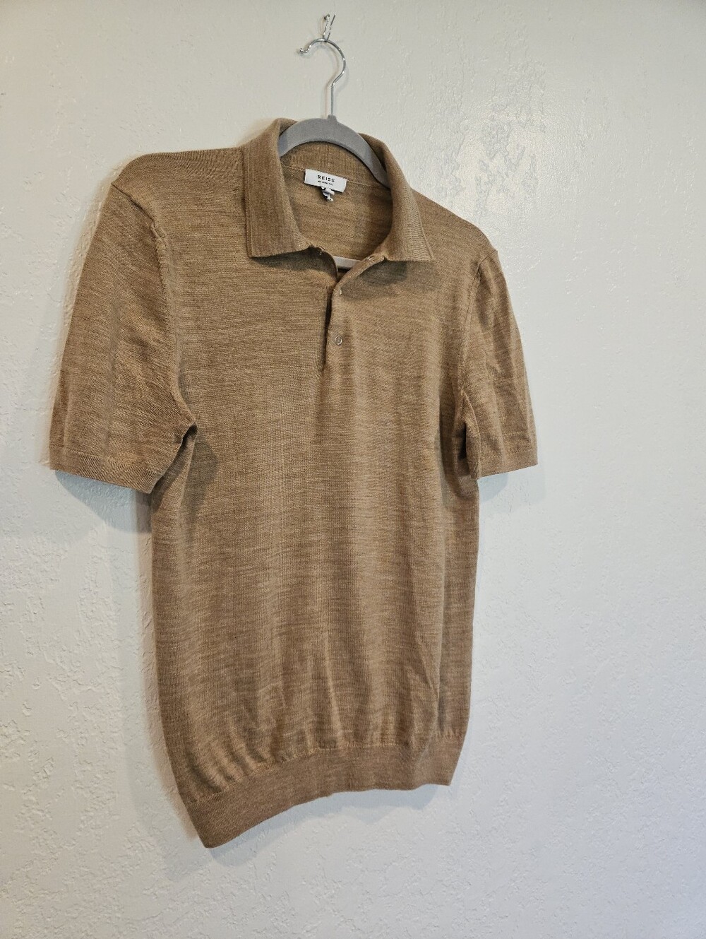 Reiss Blair Tan 100% Merino Wool Short Sleeve Snap Button Polo Shirt Size XS Men